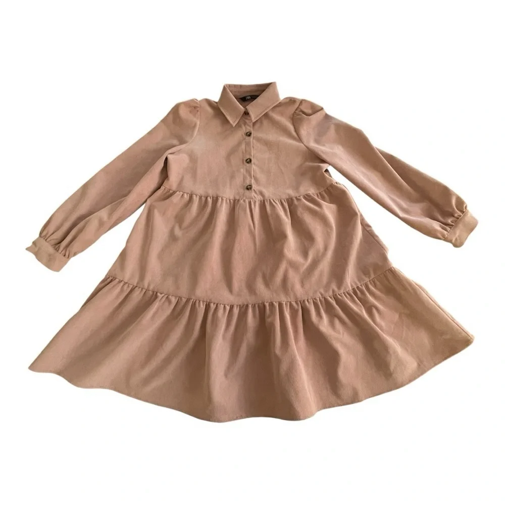 ZARA Pink Corduroy Babydoll Dress Size Small Tiered Casual Summer Spring Boho - Picture 2 of 11